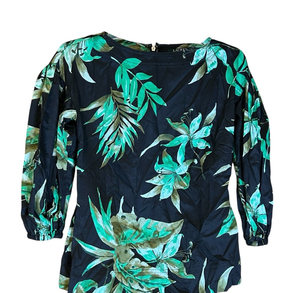 Lauren Ralph‎ Lauren Palm Print Top Blouse XS Cotton Black Green 3/4 Sleeve